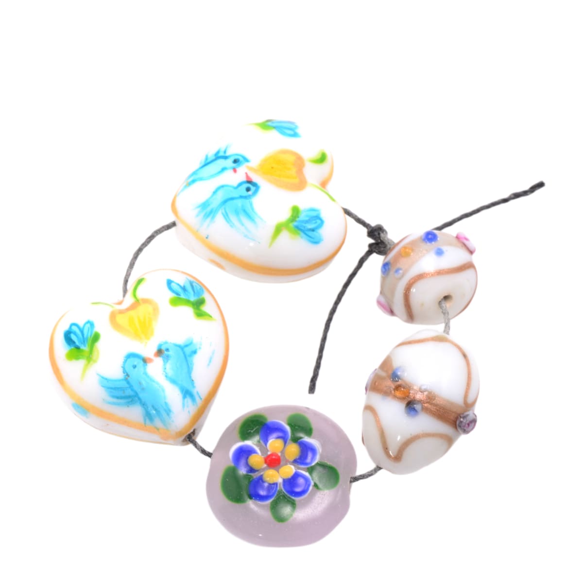 Lampwork Glass Bird & Floral Heart Bead Set - White Blue Orange Mixed Shapes 5 Pieces