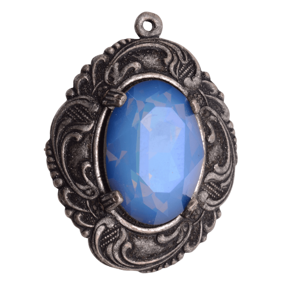 Blue Opalescent Glass Crystal Filigree Pendant 34mm - Vintage Style Statement Focal