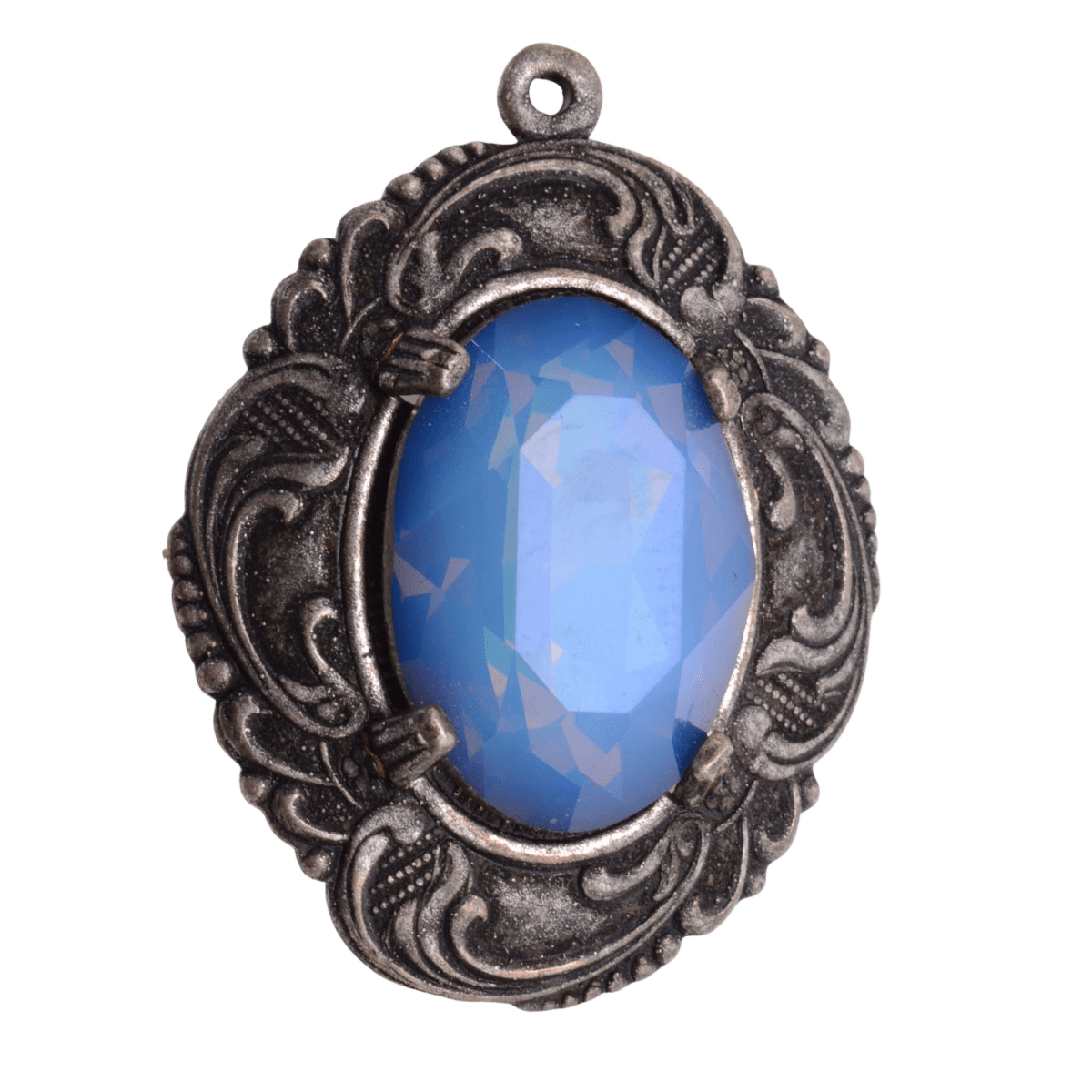Blue Opalescent Glass Crystal Filigree Pendant 34mm - Vintage Style Statement Focal