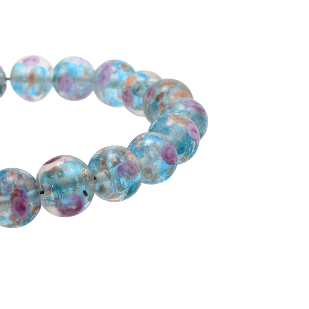 Lampwork Glass Round Beads 14mm Aqua Purple Copper Floral - Set of 20
