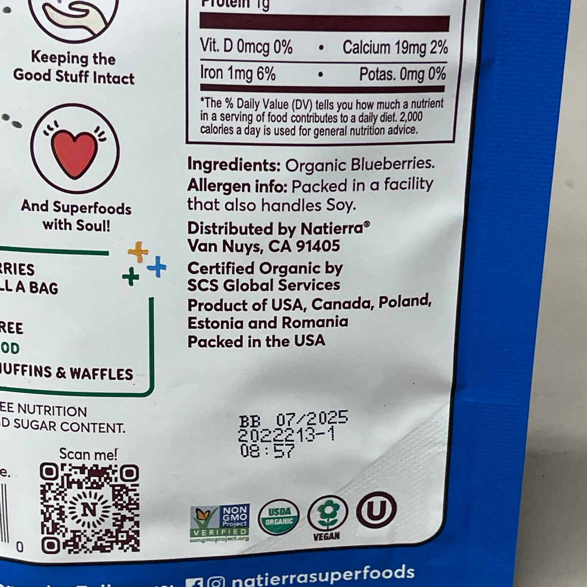 NATIERRA Nature & Earth Freeze-Dried Organic Blueberries 1.2oz -3 packs (New)
