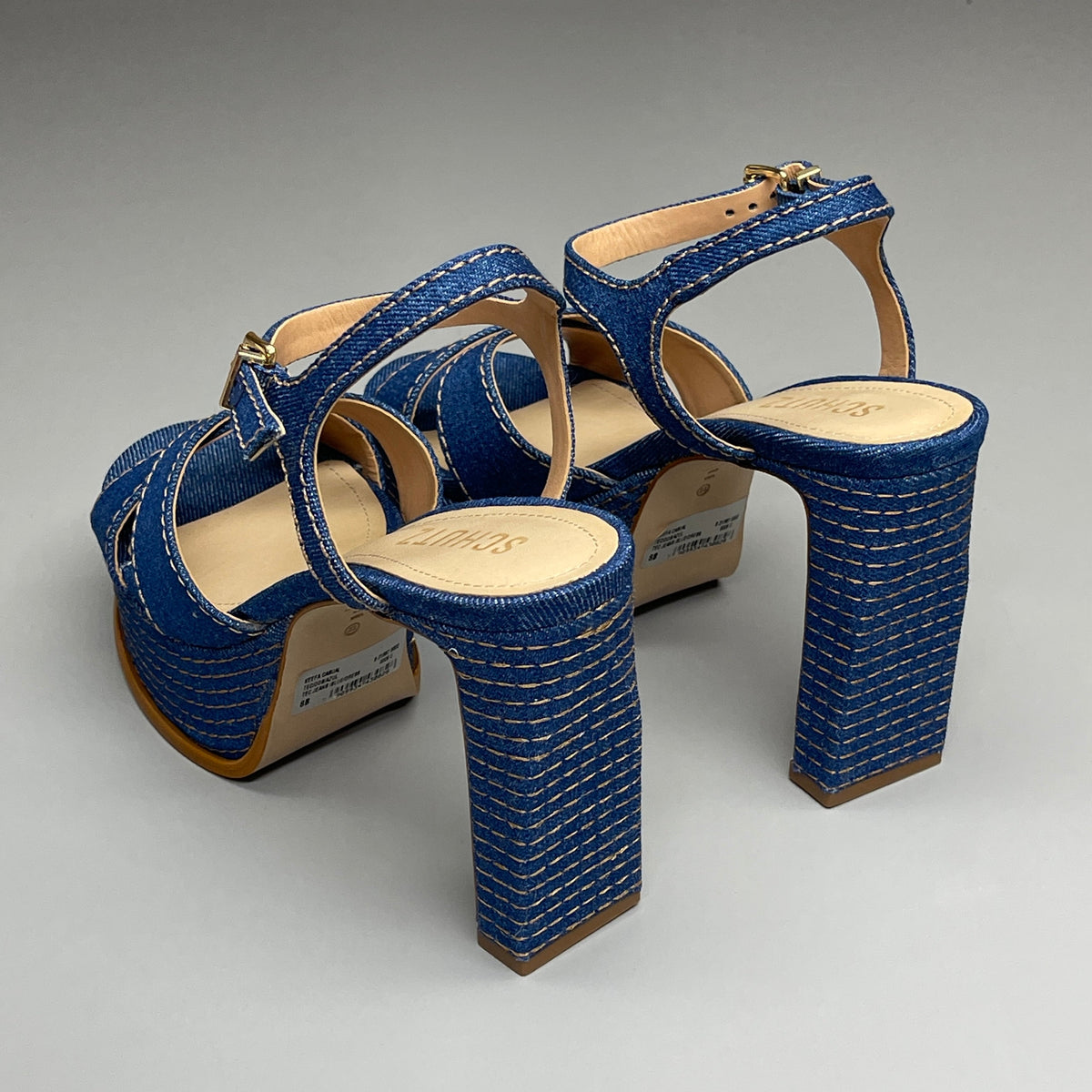 SCHUTZ Keefa Casual Denim Women's 4" Heeled Sandal Platform Blue Sz 7.5B (New)