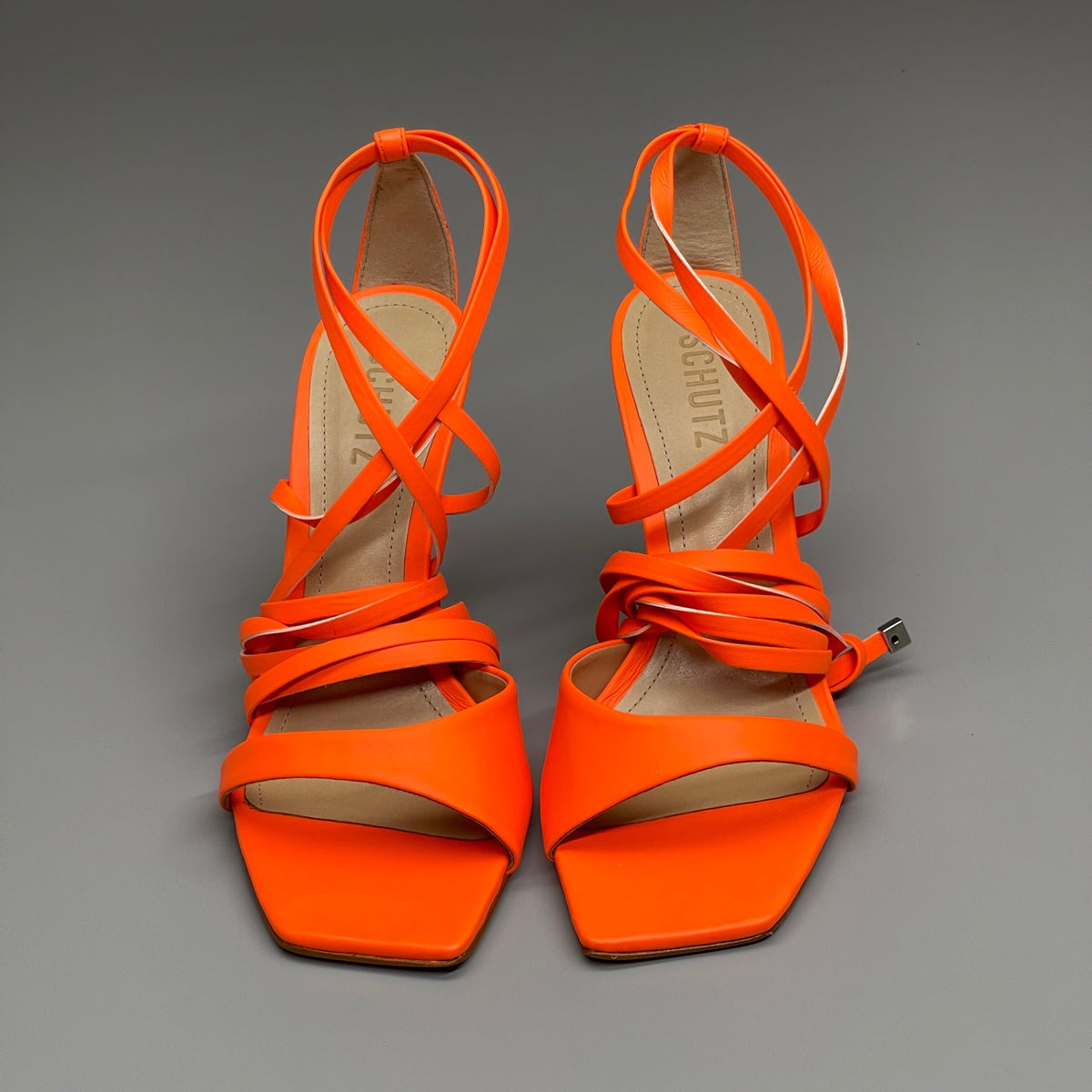 SCHUTZ Bryce Ankle Tie Women's High Heel Leather Strappy Sandal Acid Orange Sz 9 (New)