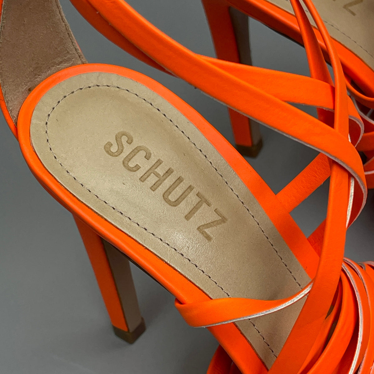 SCHUTZ Bryce Ankle Tie Women's High Heel Leather Strappy Sandal Acid Orange Sz 9 (New)