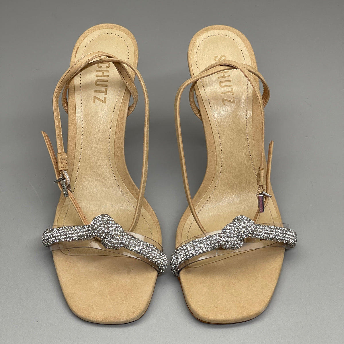 SCHUTZ Peaky Nubuck & Vinyl Multimaterial Women's Sandal Heel Light Nude Sz 7B (New)