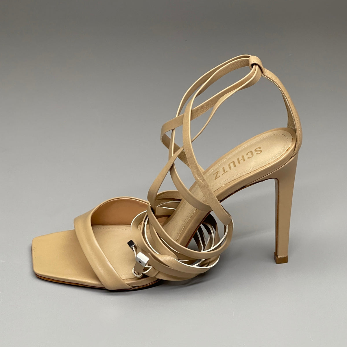 SCHUTZ Bryce Ankle Tie Women's Leather High Heel Sandal Light Nude Sz 10.5B (New)