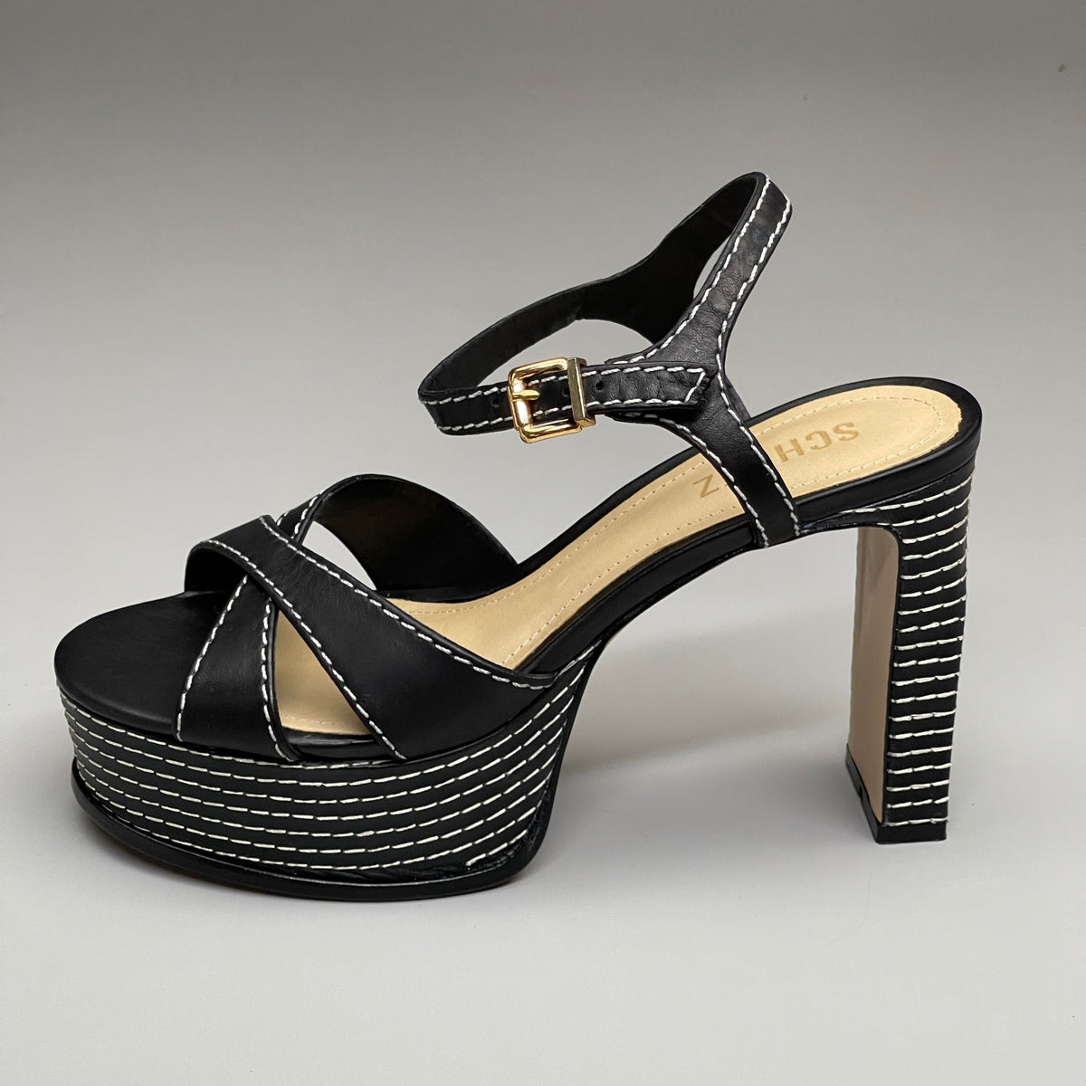 SCHUTZ Keefa Casual Women's Leather Sandal Black Platform 4" Heel Shoes Sz 7.5B (New)
