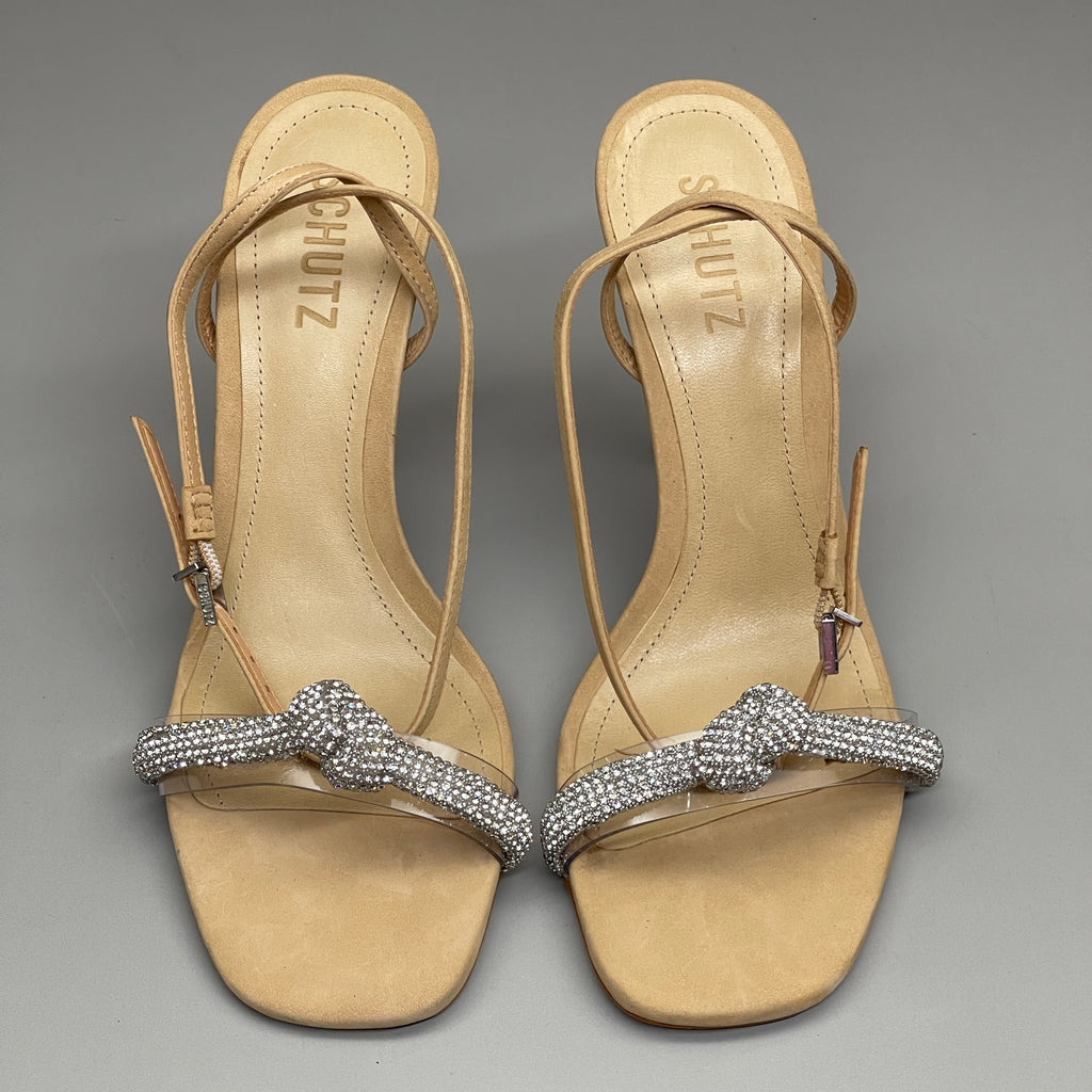 SCHUTZ Peaky Nubuck & Vinyl Multimaterial Women's Sandal Heel Light Nude Sz 9.5B (New)