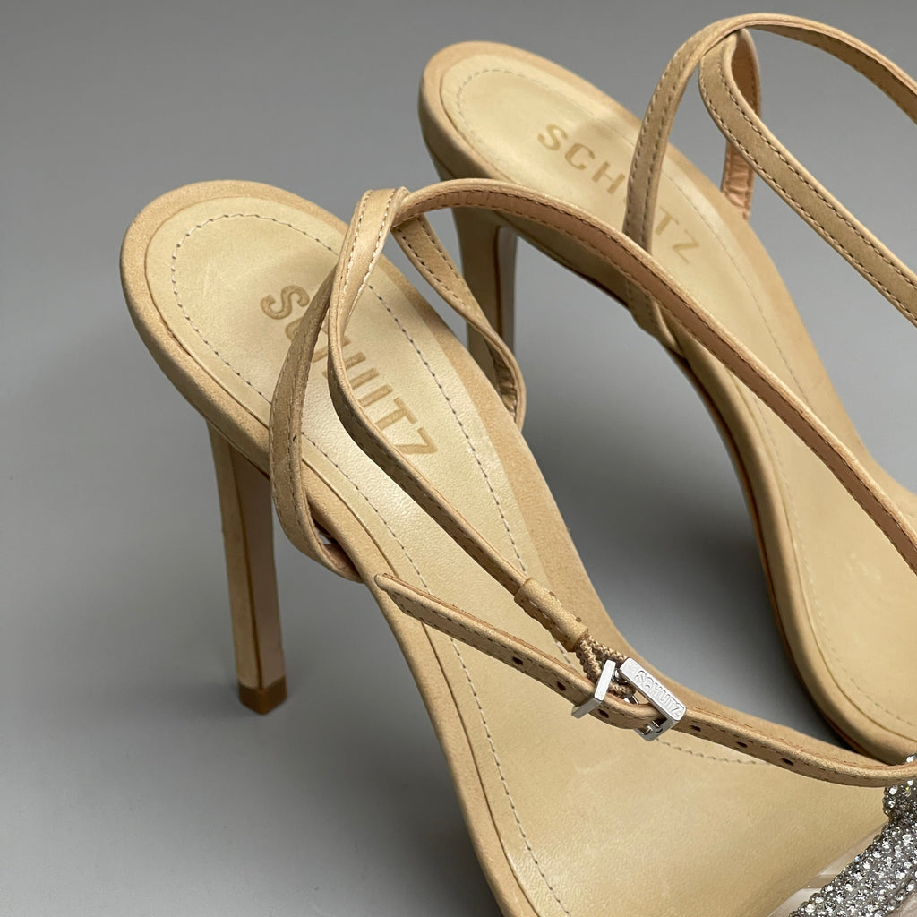 SCHUTZ Peaky Nubuck & Vinyl Multimaterial Women's Sandal Heel Light Nude Sz 6B (New)