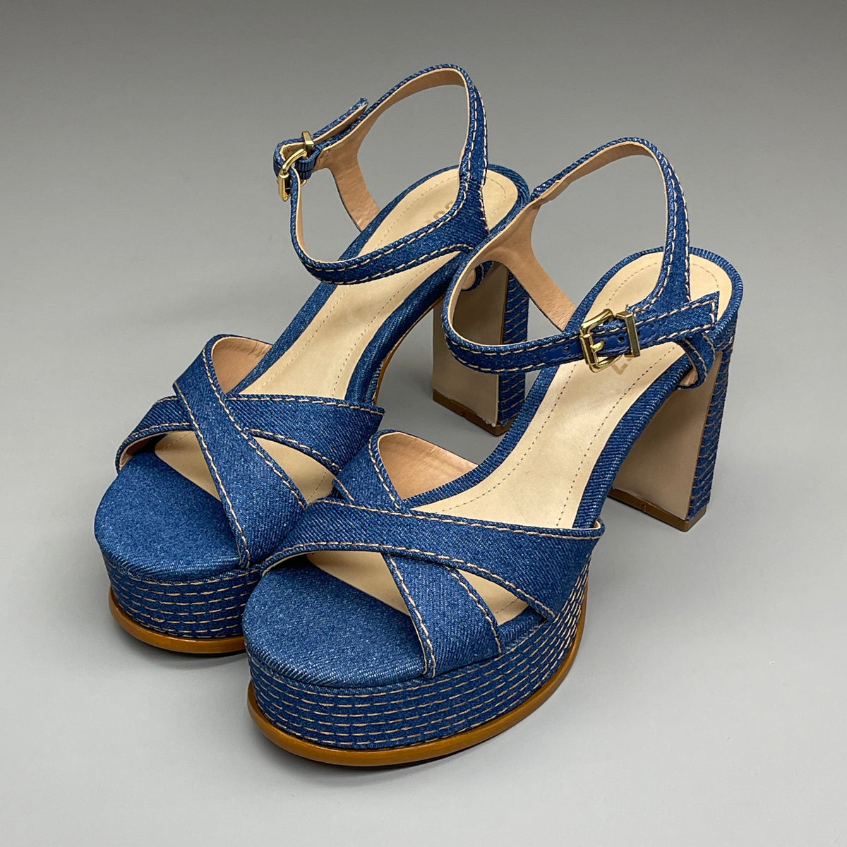 SCHUTZ Keefa Casual Denim Women's 4" Heeled Sandal Platform Blue Sz 7.5B (New)