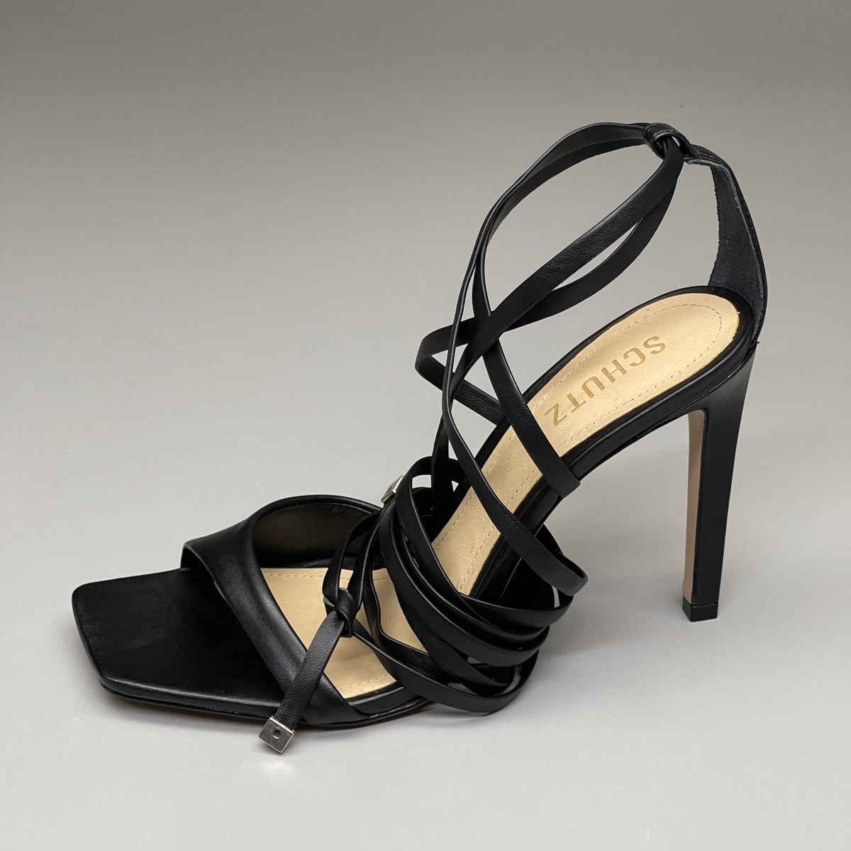 SCHUTZ Bryce Ankle Tie Women's Leather High Heel Strappy Sandal Black Sz 6.5B (New)