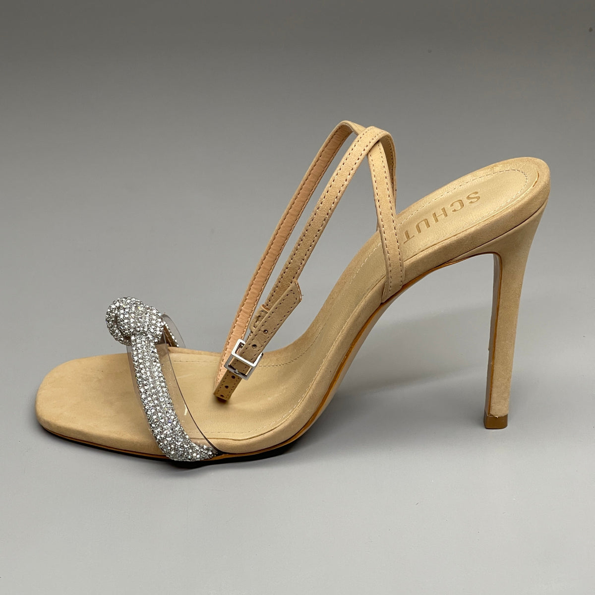SCHUTZ Peaky Nubuck & Vinyl Multimaterial Women's Sandal Heel Light Nude Sz 9.5B (New)