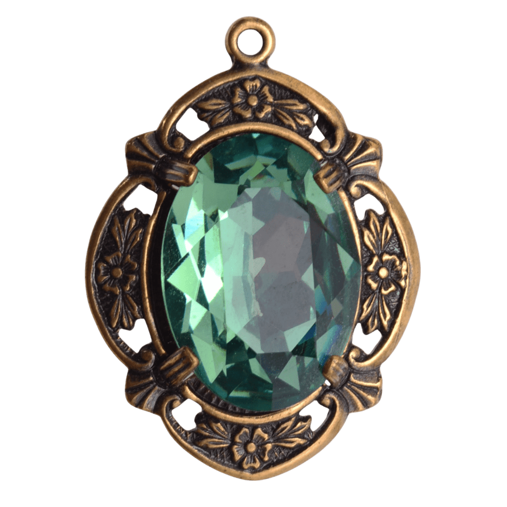 Vintage Emerald Green Crystal Pendant in Ornate Floral Frame - 23x31mm Base Metal
