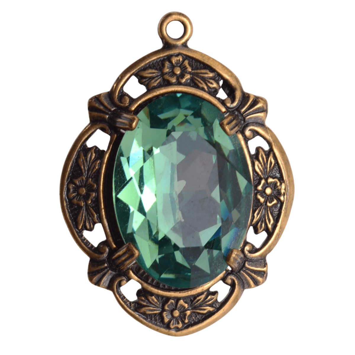 Vintage Emerald Green Crystal Pendant in Ornate Floral Frame - 23x31mm Base Metal