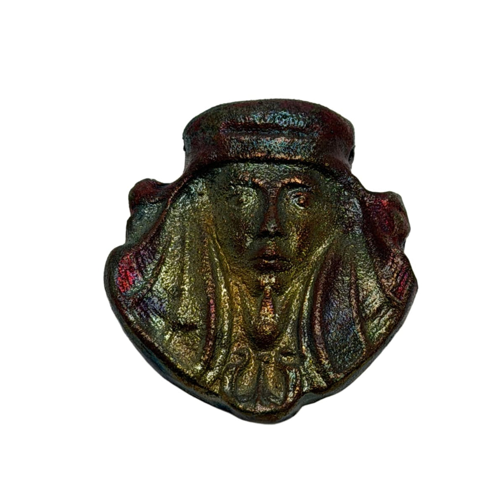 Raku Ceramic Focal Pendant - Iridescent Green Gold Portrait - 44mm Double Sided