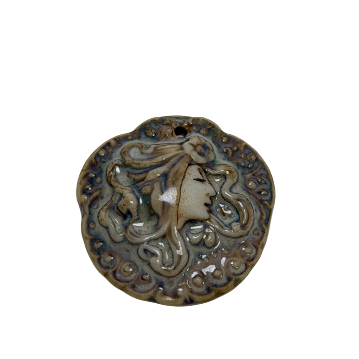 Rare Ceramic Lady Profile Pendant - Art Nouveau Style 38mm Focal Charm