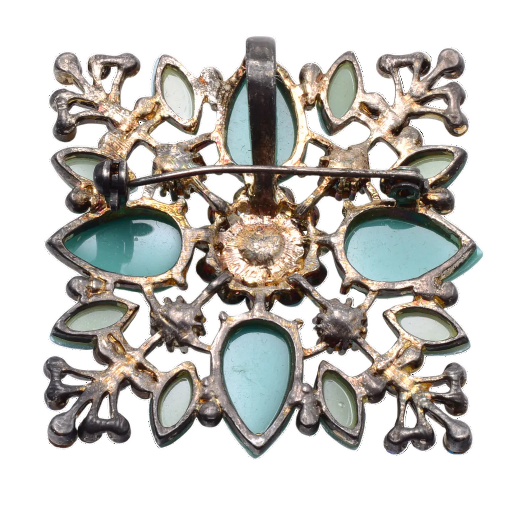 Vintage Style Turquoise Stone Blue Rhinestone Brooch Pin 47mm - Natural Gemstone Statement Pin