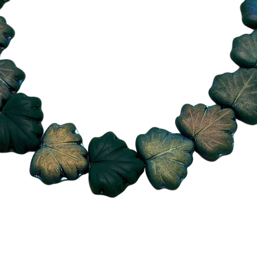 Czech Glass Leaf Beads: Teal Green with Gold Luster 13x11mm - 20 Beads per Strand