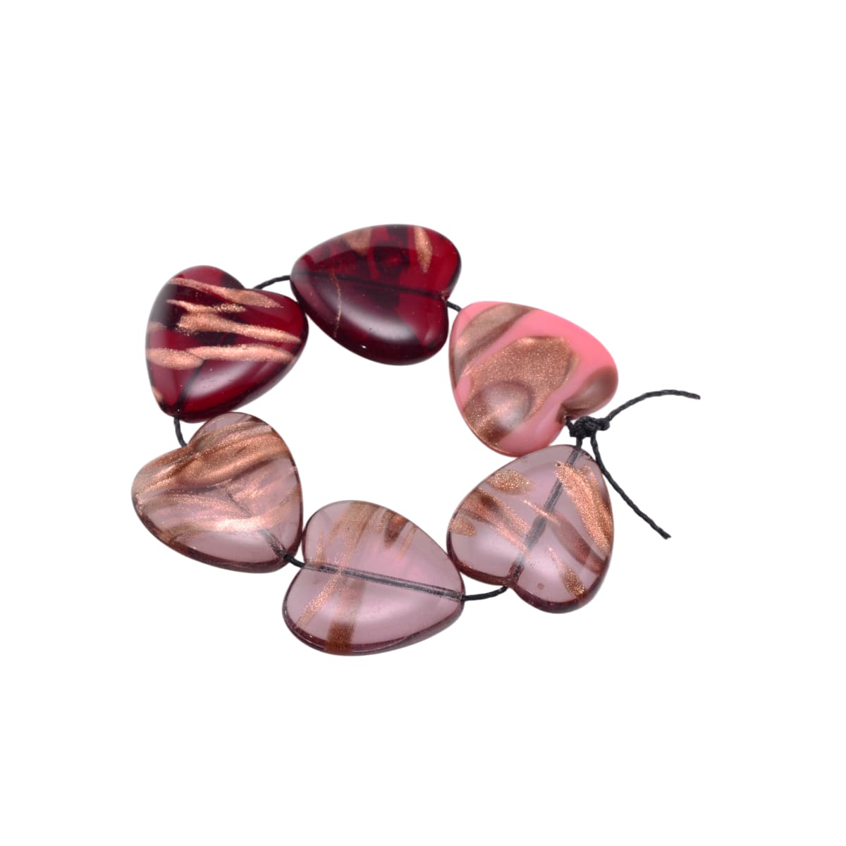 Copper Foiled Lampwork Glass Heart Beads - 22mm Pink Red Strand of 6