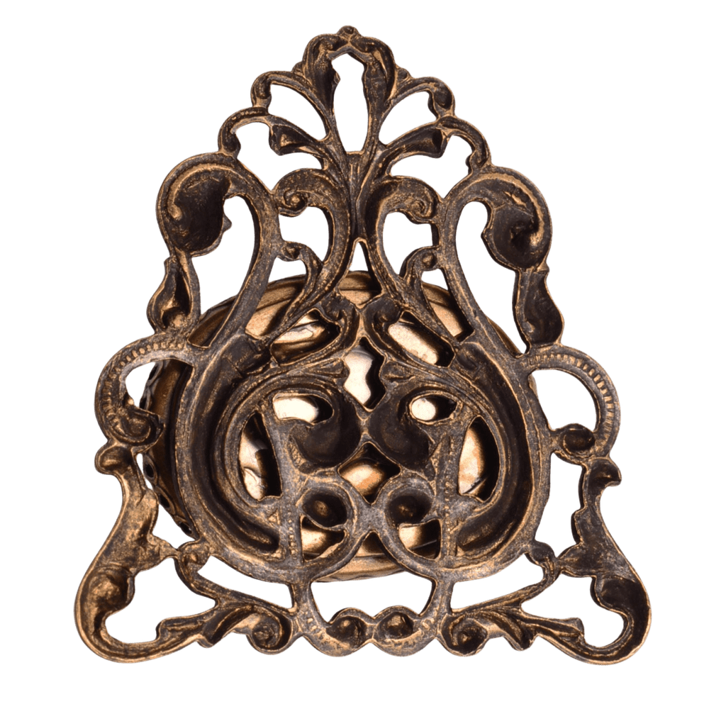 Vintage Art Deco Violet Glass Stone Brooch - 38x40mm Ornate Bronze Filigree Setting