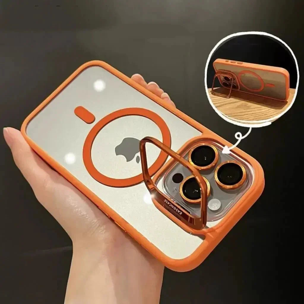 Magnetic Shockproof Transparent Phone Case with Stand | Glass Lens Protection for iPhone 11-16 Series
