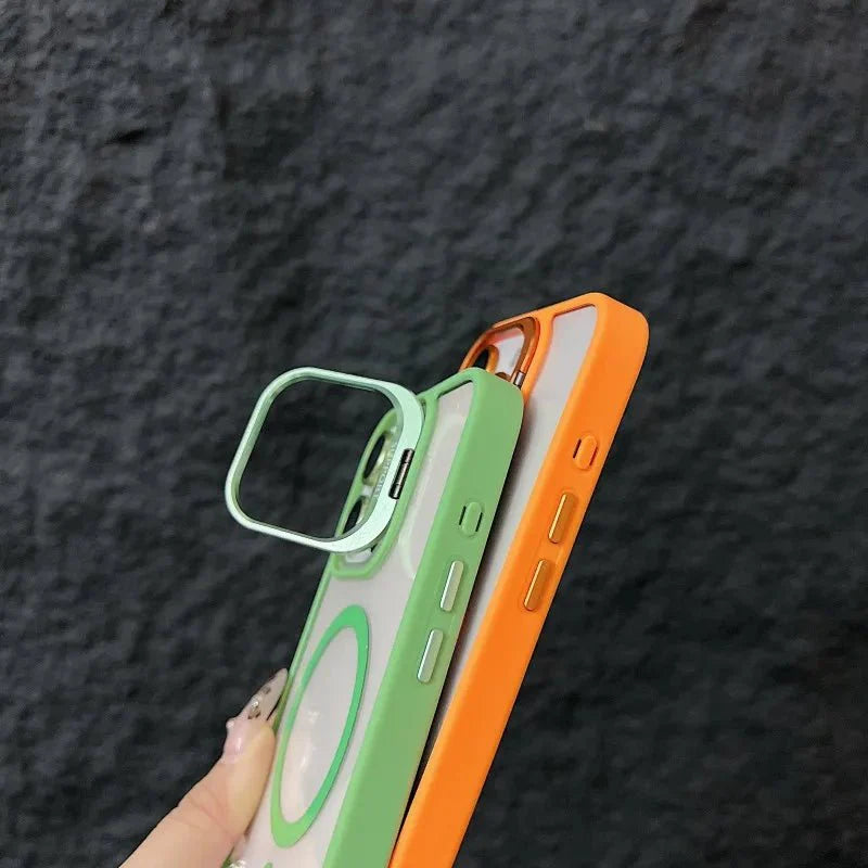 Magnetic Shockproof Transparent Phone Case with Stand | Glass Lens Protection for iPhone 11-16 Series