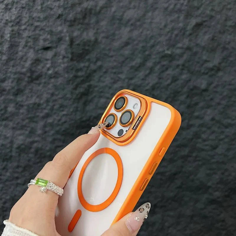 Magnetic Shockproof Transparent Phone Case with Stand | Glass Lens Protection for iPhone 11-16 Series