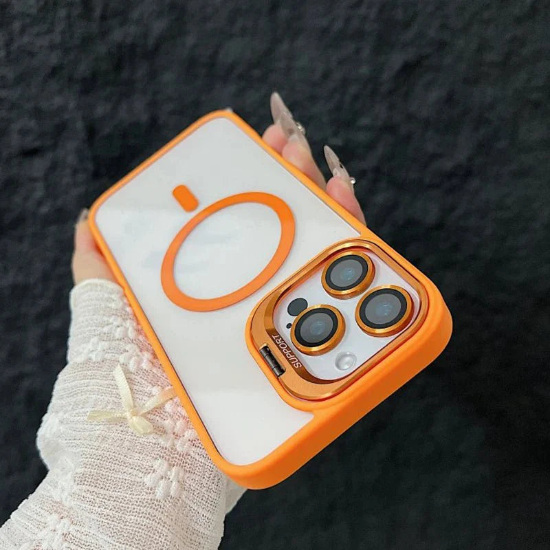 Magnetic Shockproof Transparent Phone Case with Stand | Glass Lens Protection for iPhone 11-16 Series