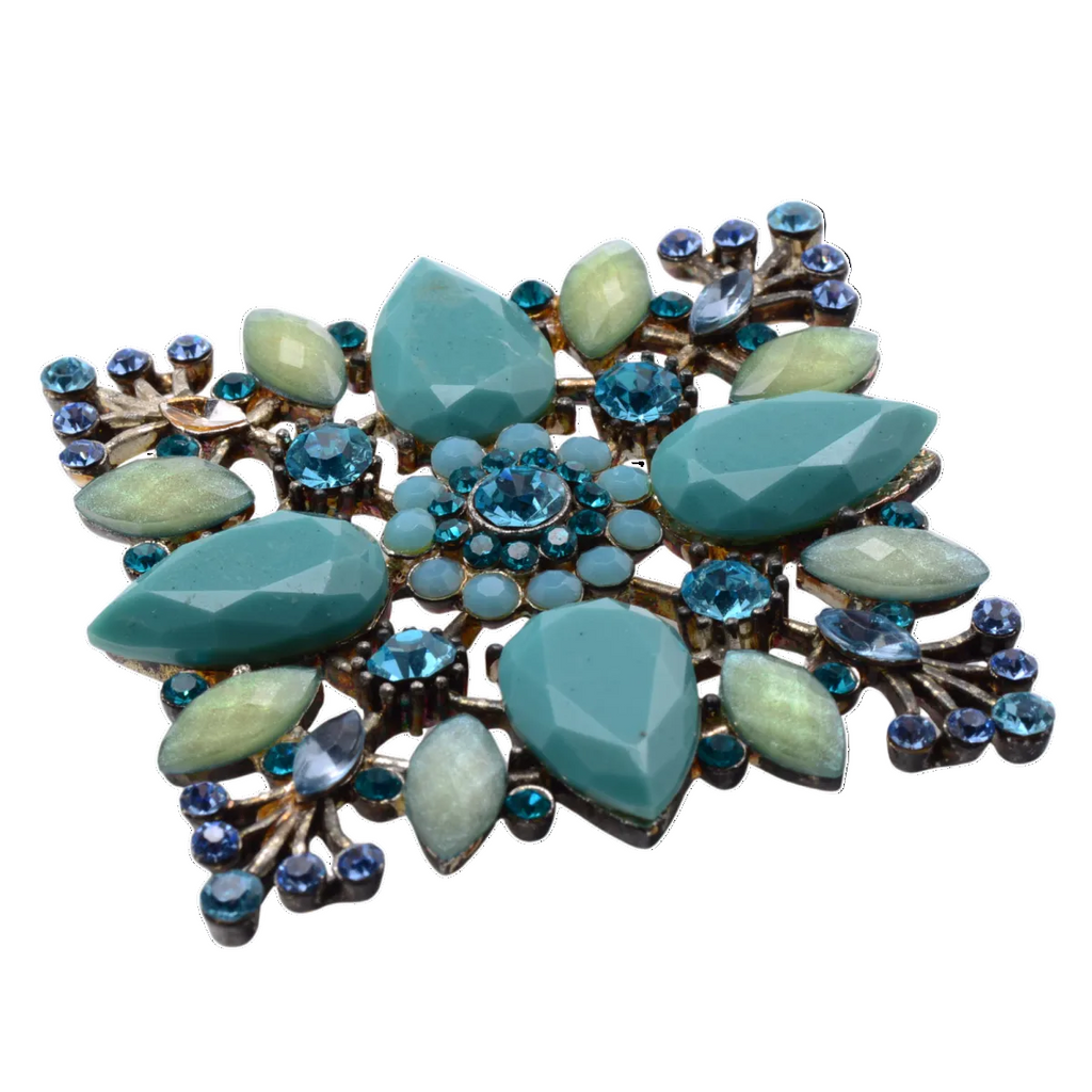 Vintage Style Turquoise Stone Blue Rhinestone Brooch Pin 47mm - Natural Gemstone Statement Pin