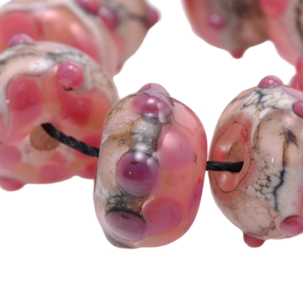 Handmade Lampwork Glass Rondelle Beads - Grace Ma - Pink Coral Grey Organic - 9x15mm Set of 9