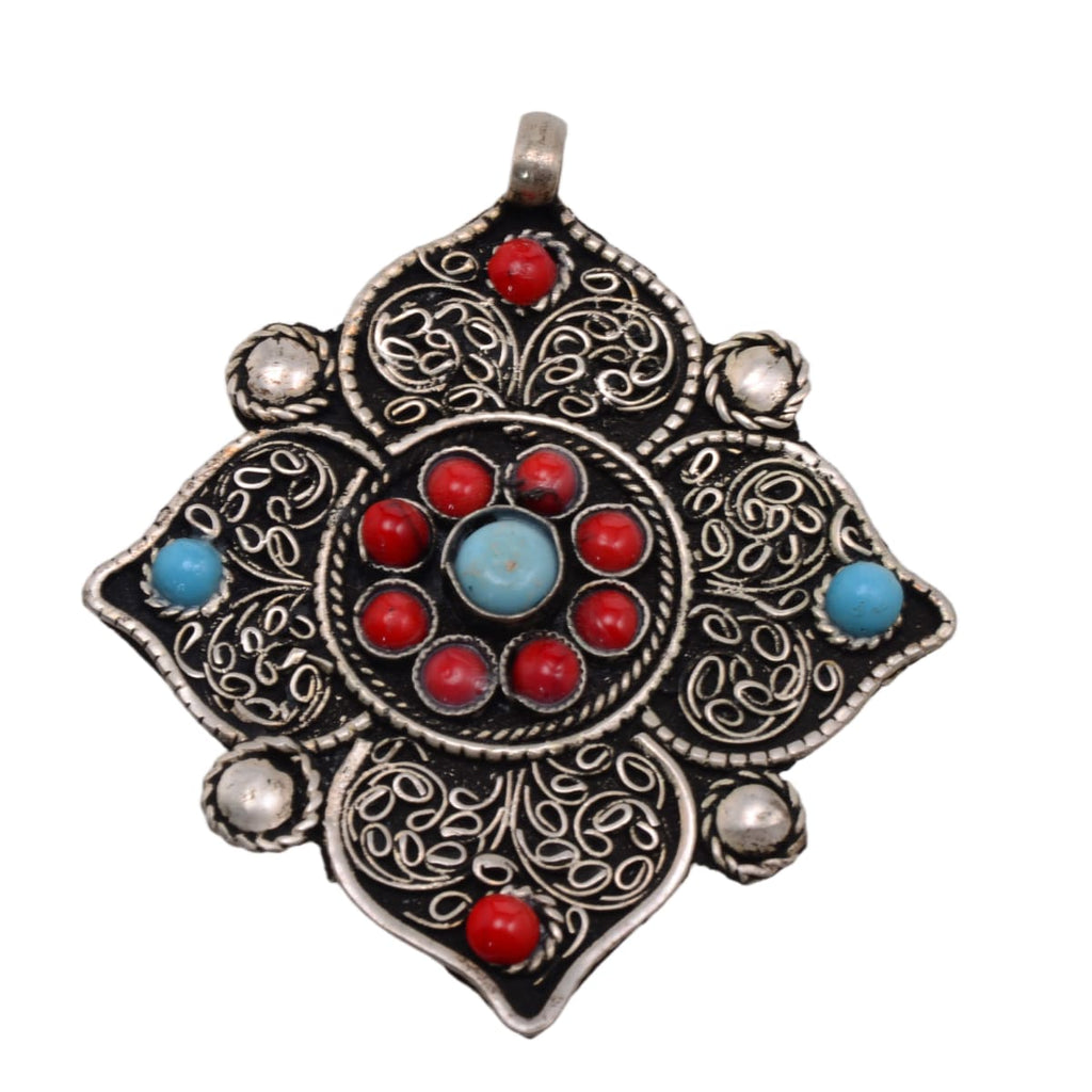 Sterling Silver Tibetan Ghau Amulet Pendant with Coral and Turquoise - 45x50mm