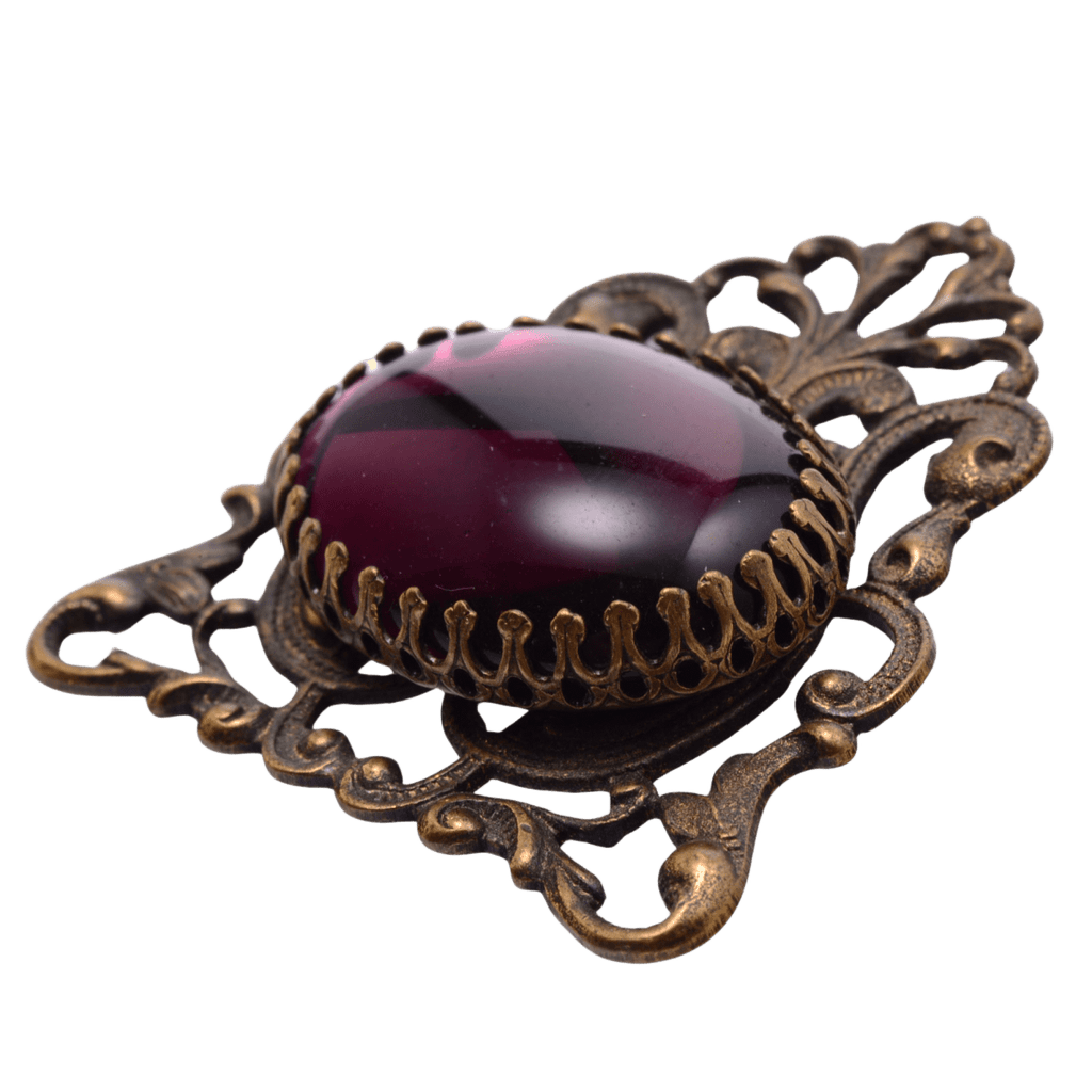 Vintage Art Deco Violet Glass Stone Brooch - 38x40mm Ornate Bronze Filigree Setting