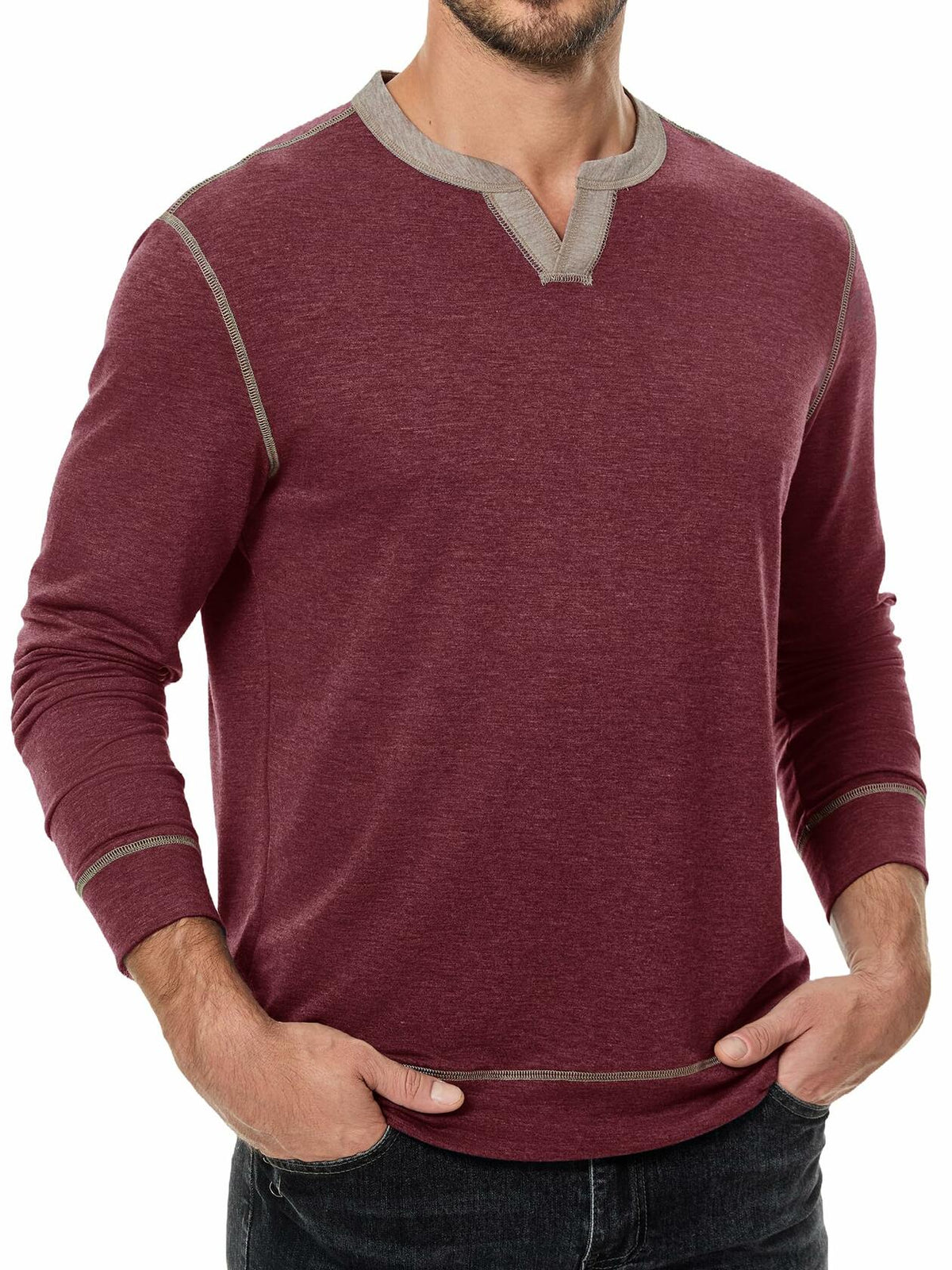 JMIERR Men's Henley Shirt Red Long Sleeve V Neck Lightweight Size 2XL