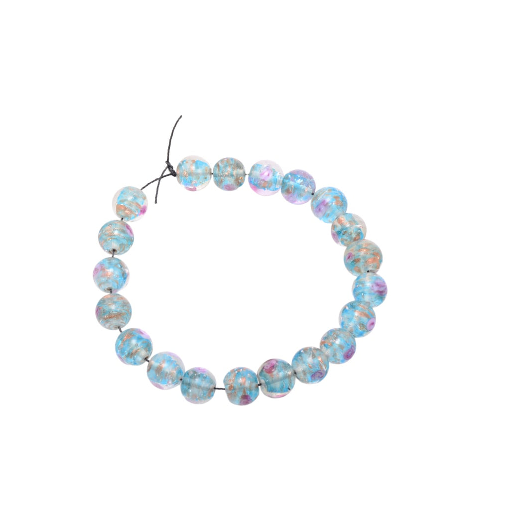 Lampwork Glass Round Beads 14mm Aqua Purple Copper Floral - Set of 20