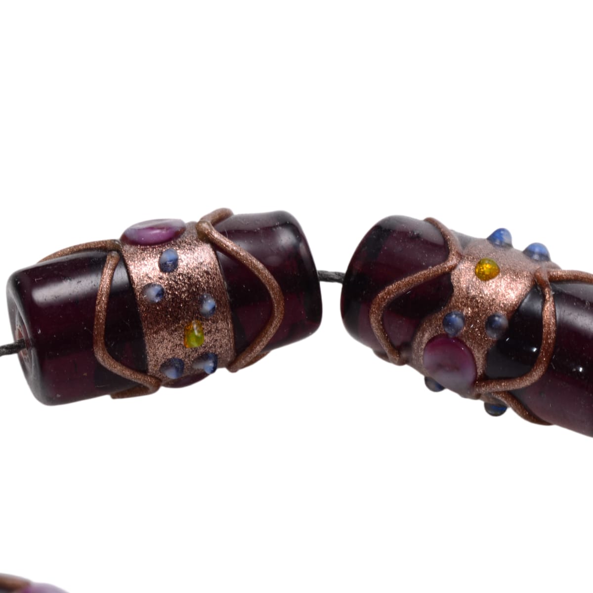 Artisan Lampwork Glass Cylinder Beads - Dark Purple with Copper Wire Detail - 6 Large 12x23mm Beads