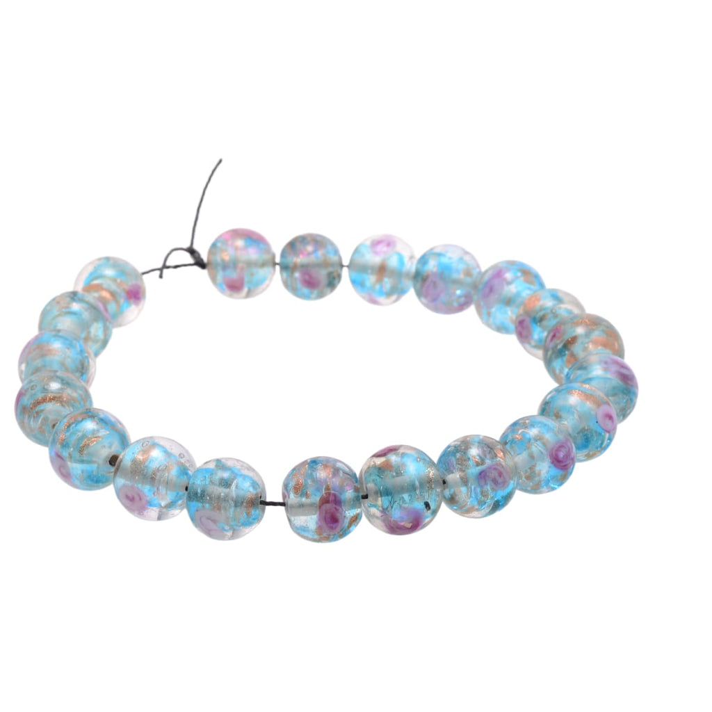 Lampwork Glass Round Beads 14mm Aqua Purple Copper Floral - Set of 20
