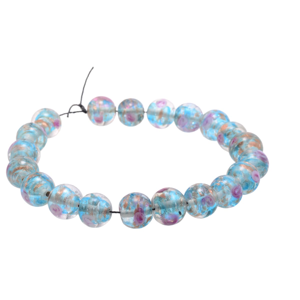 Lampwork Glass Round Beads 14mm Aqua Purple Copper Floral - Set of 20