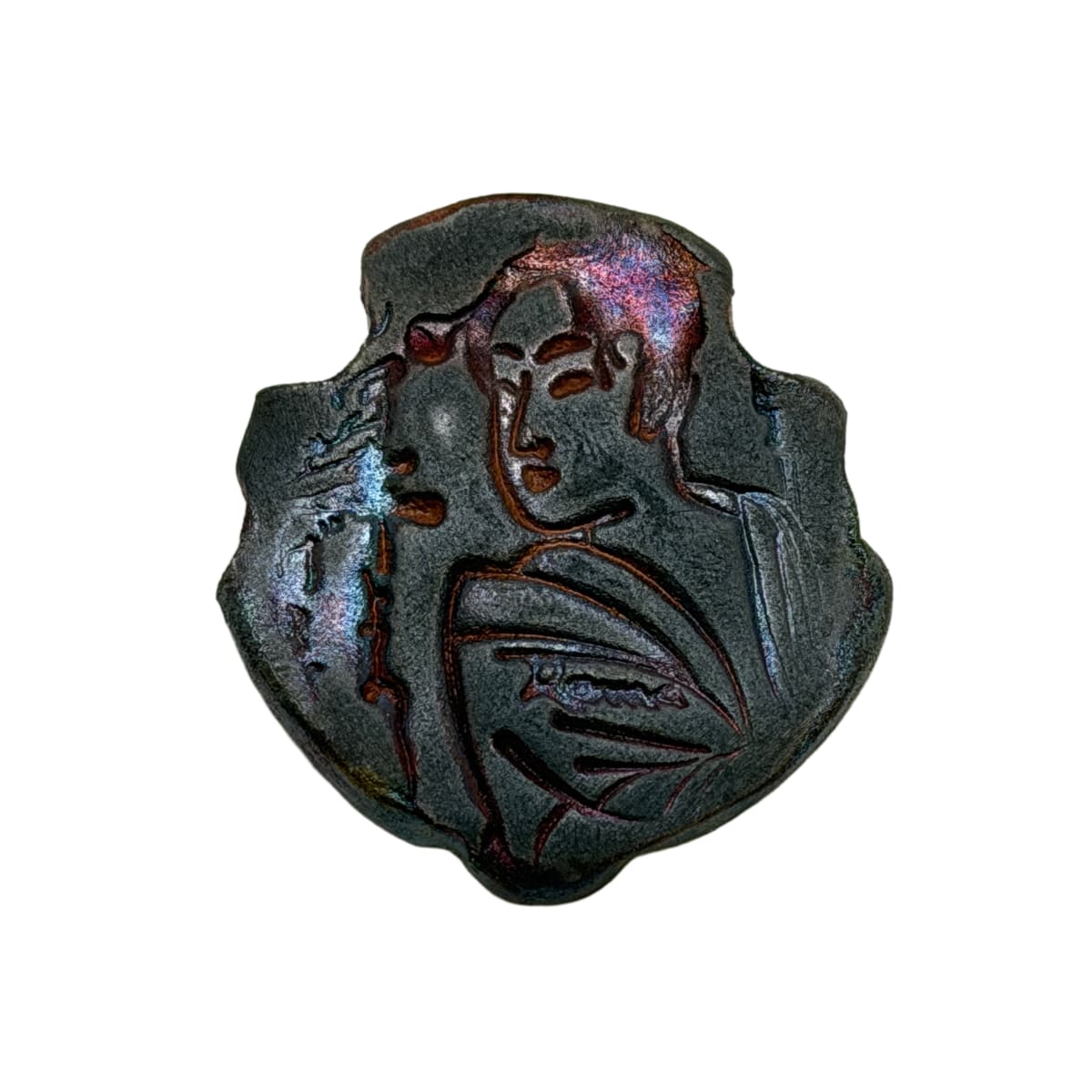 Raku Ceramic Focal Pendant - Iridescent Green Gold Portrait - 44mm Double Sided
