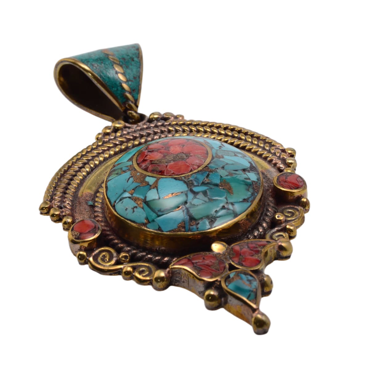 Tibetan Brass Turquoise Coral Statement Pendant 90x53mm - Ornate Traditional Design