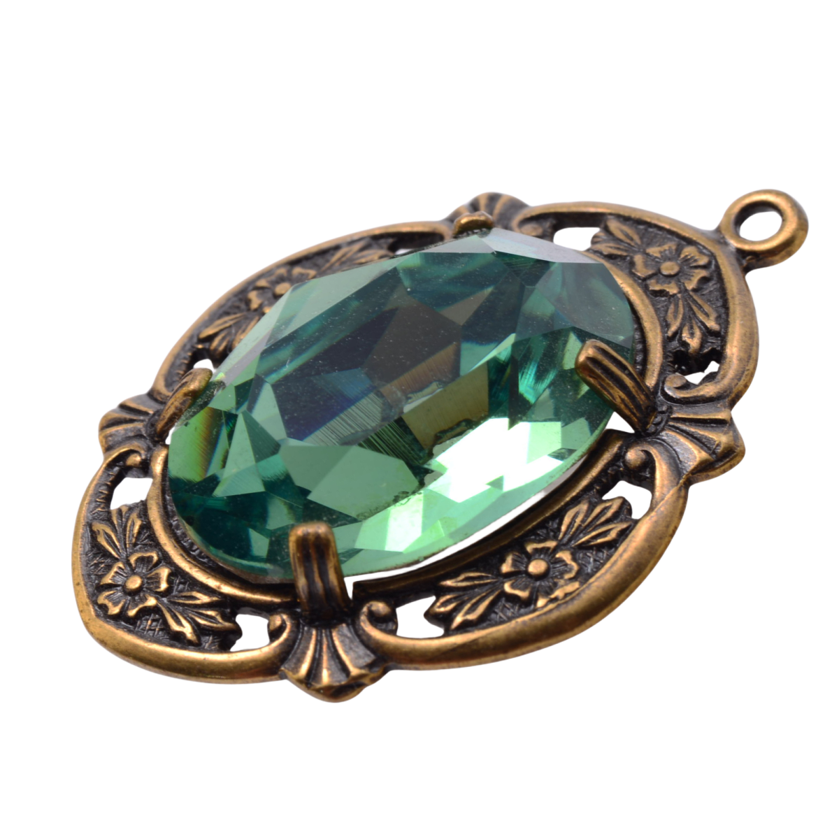Vintage Emerald Green Crystal Pendant in Ornate Floral Frame - 23x31mm Base Metal