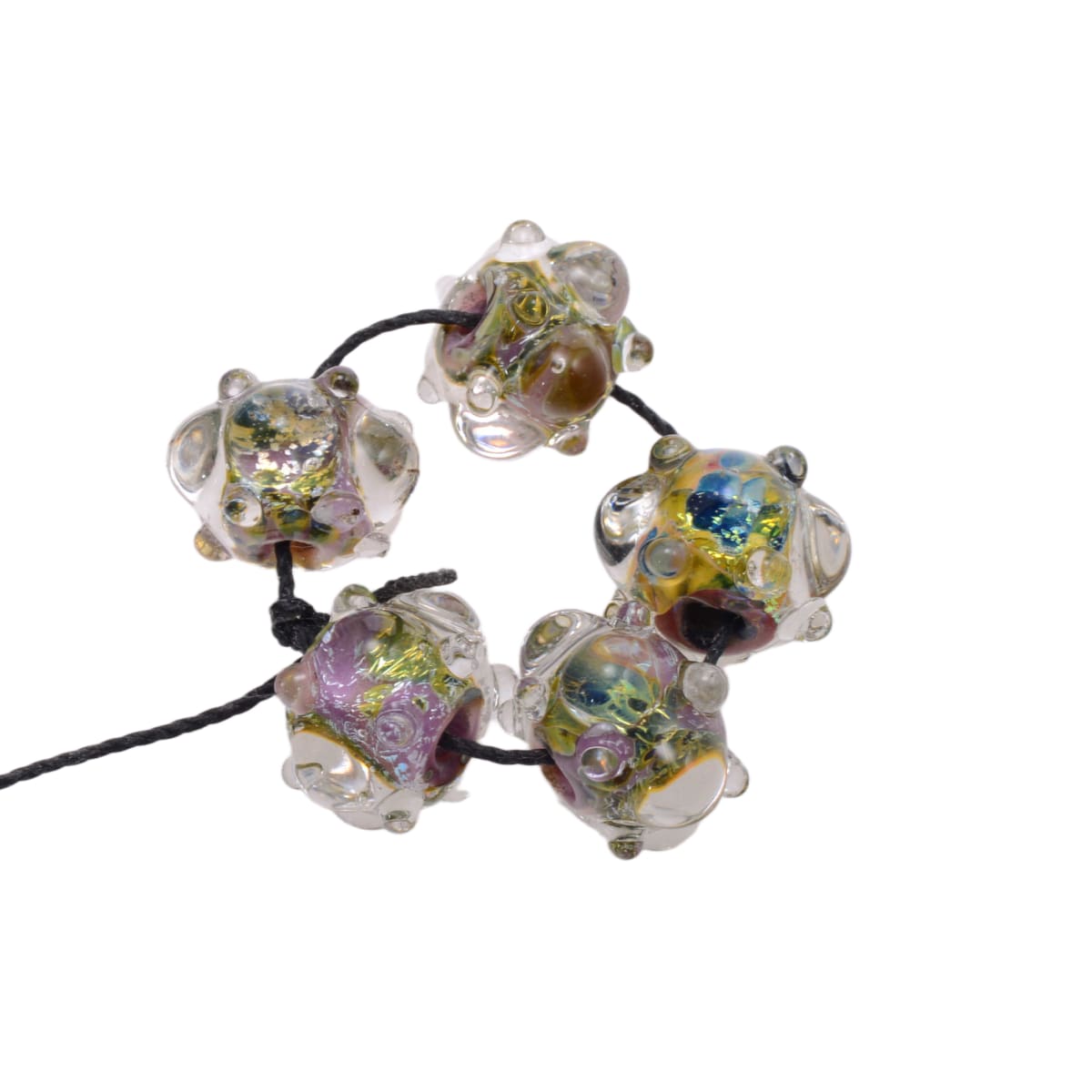 Lampwork Glass Grace Ma Bumpy Rondelle Beads - Clear Multi-Color Silver Fleck 9x14mm Borosilicate - Set of 5 Handmade Art Glass