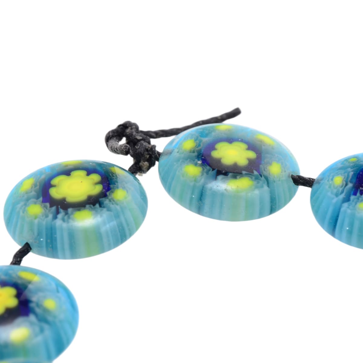 Lampwork Glass Coin Beads: Turquoise Blue with Yellow Flower Design 13mm - Set of 9