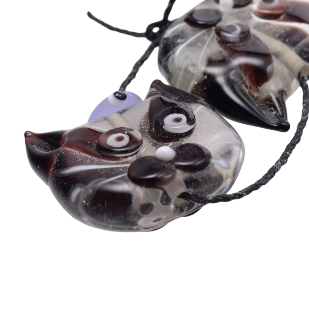 Lampwork Glass Cat Head Beads - Black White Brown Swirl Pattern 22mm - Set of 2 Handmade Art Glass Animal Beads