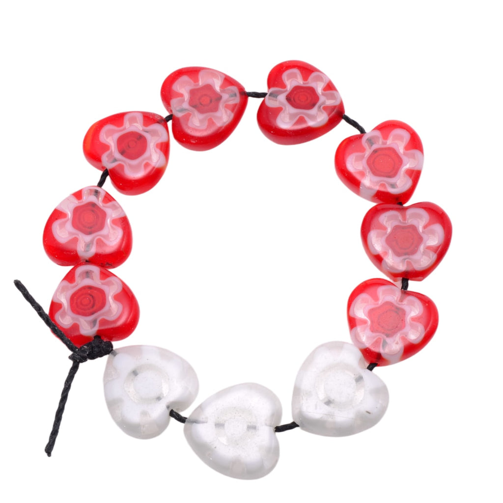 Red and White Heart Lampwork Glass Beads - 12mm Strand of 11 Beads