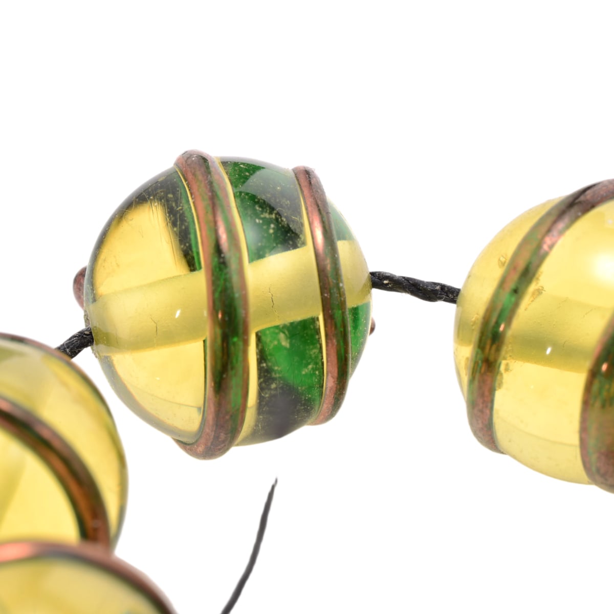 Premium Lampwork Glass Round Beads - Yellow Green with Copper Spiral - 7 Piece 12mm Strand
