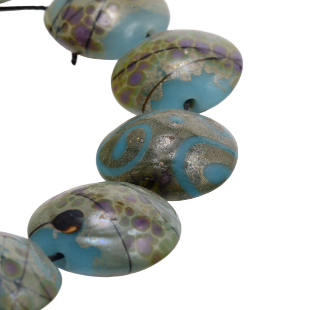 Handmade Lampwork Glass Lentil Beads 18x20mm - Grace Ma - Turquoise Purple Multicolor Strand of 13