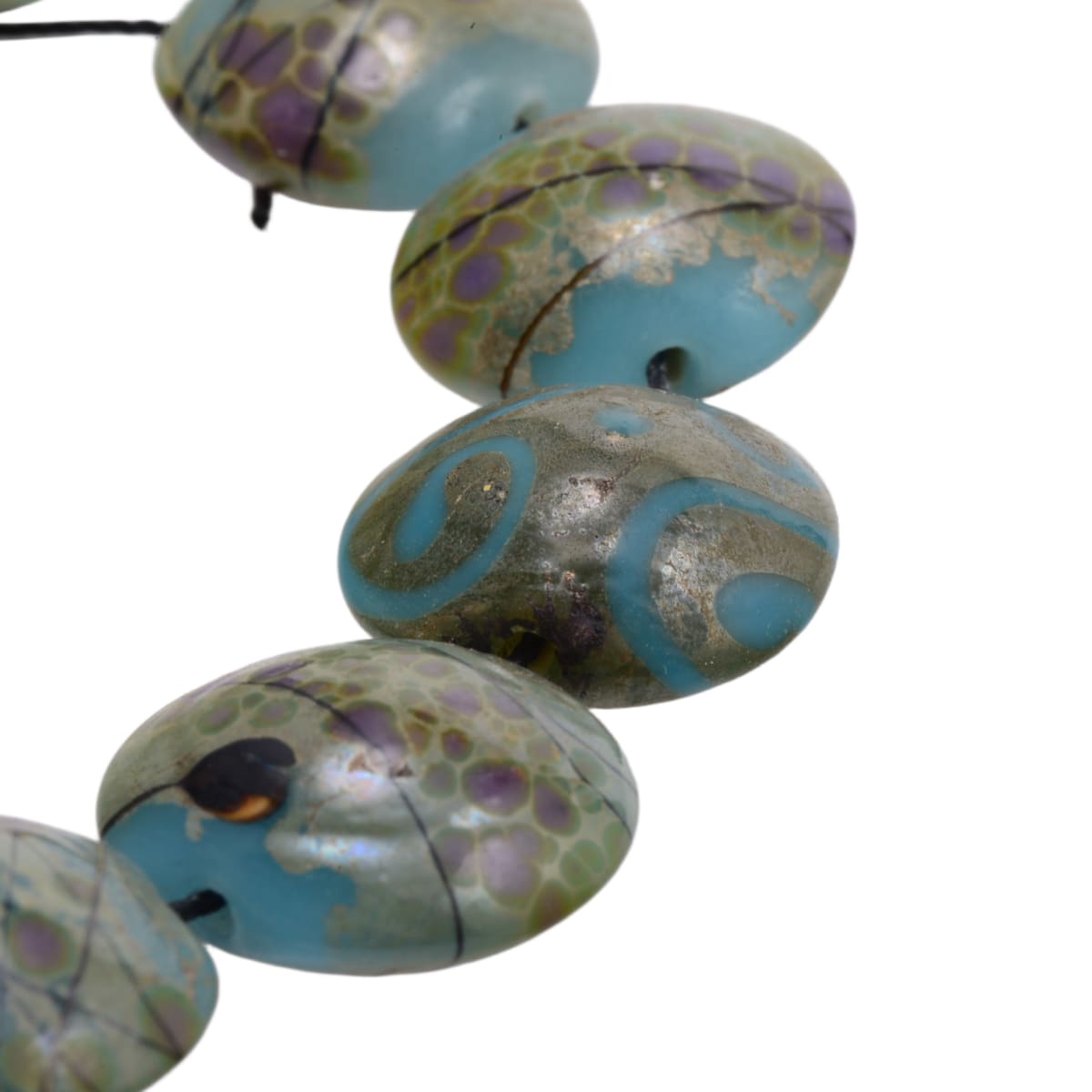 Handmade Lampwork Glass Lentil Beads 18x20mm - Grace Ma - Turquoise Purple Multicolor Strand of 13
