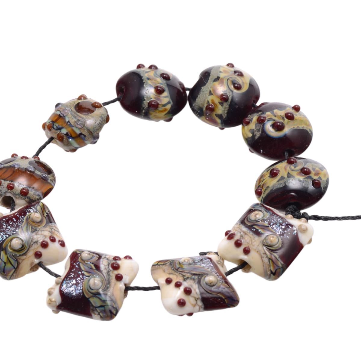 Grace Ma Lampwork Glass Beads: Dark Burgundy Gold Swirl with Silver Glitter - 10 Piece Mixed Set
