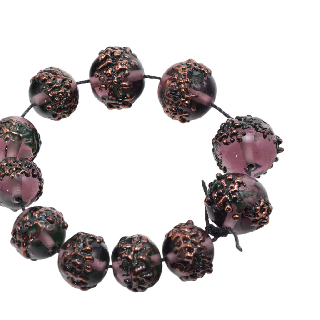 Handcrafted Lampwork Glass Bead Strand - Pink Purple with Copper Accents - 11 Round Artisan Beads