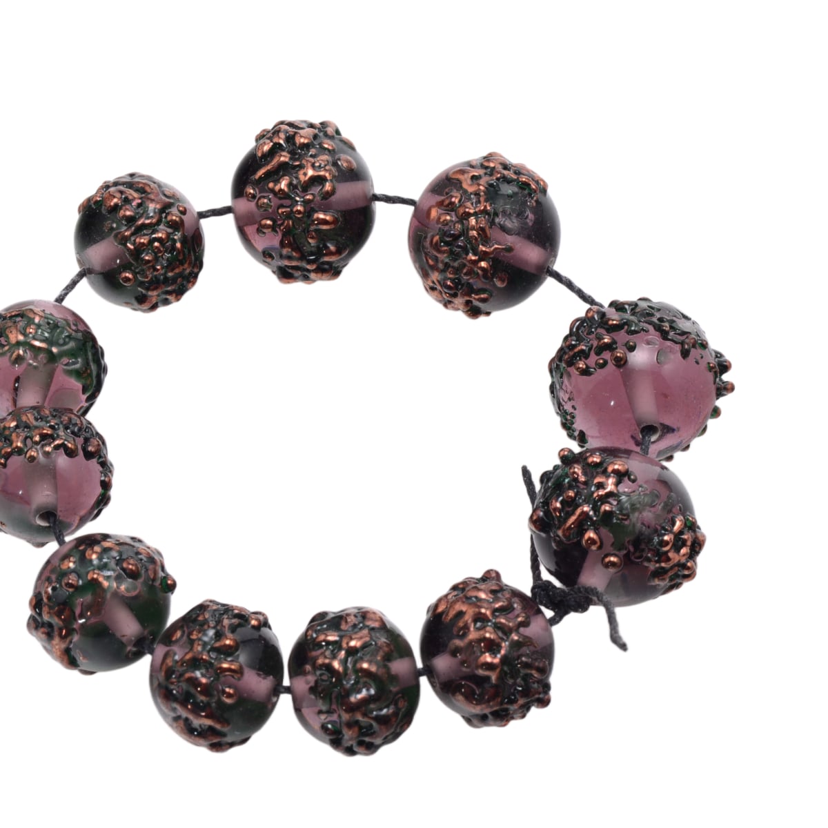 Handcrafted Lampwork Glass Bead Strand - Pink Purple with Copper Accents - 11 Round Artisan Beads